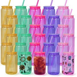 FECBK 30 Pack Sublimation Glass Cups with Lids and Straws 16 oz Colorful Sublimation Beer Glass Can Shaped Borosilicate Sublimation Glass Tumblers for Beer, Juice, Soda, Iced Coffee-(Inner Stripe)