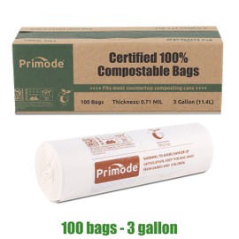 Primode Bolsas 100% compostables, bolsas de basura de 3 galones, 100 unidades, extra gruesas de 0,71 mil. ASTMD6400 bolsas de basura de cocina pequeñas, certificadas por BPI y TUV