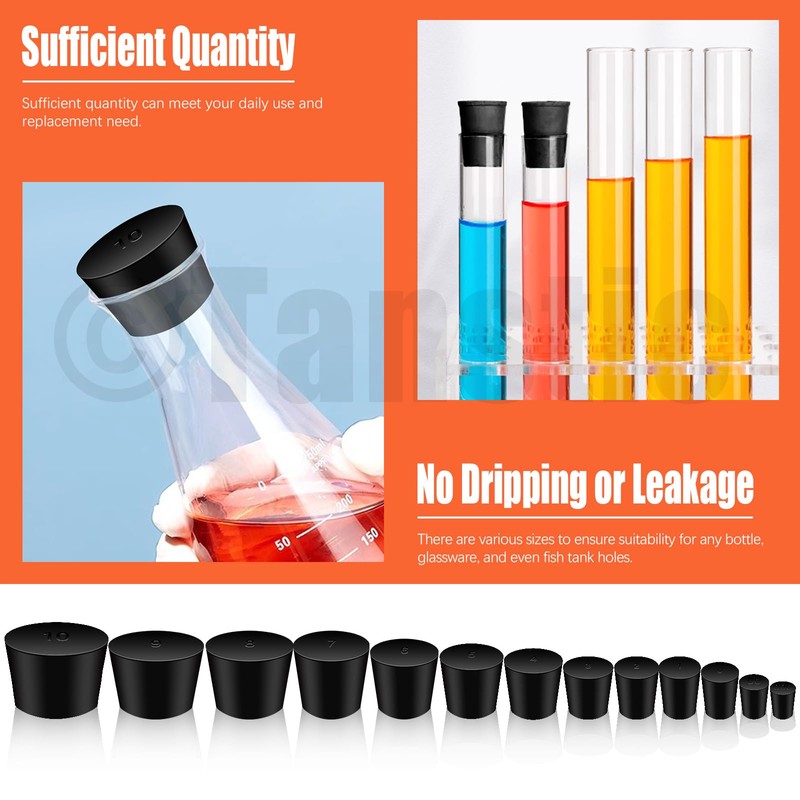 Tanstic 32pcs Solid Rubber Stoppers 13 Assorted Sizes 000#-10# Tapered