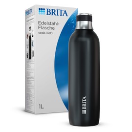 BRITA Edelstahlflasche schwarz für sodaTRIO Wassersprudler (1l) – isolierte & doppelwandige Premium Edelstahl Flasche mit stylischem Silikonring am Verschluss für rutschfestes Handling