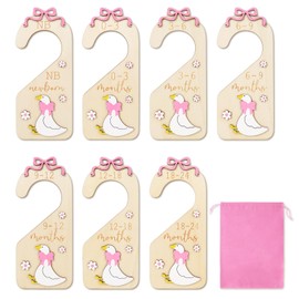 FYSUIMU 7Pcs Goose Wood Baby Closet Size Dividers with Storage Bag Pink Bow Goose Hanging Closet Organizer Newborn to 24 Month Infant Wardrobe Organizer for Home Nursery