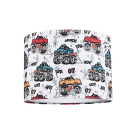 Modern and Colourful Monster Trucks Childrens Cotton Fabric Round Drum Lamp Shade | 25cm Diameter | 60w Maximum | Inner Cotton Lining by Happy Homewares