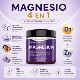 Magnesio Complex KAKEWEEU con Citrato, Glicinato y Gluconato, más Vitamina D3 y Zinc en 120 Cápsulas