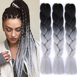 Jooceebaby Synthetic Hair for Braiding Easy Braid Pre-Stretched Braids Extensions Black/Silver Hair Extensions 24 Inch 3 Packs Hair for Braiding Braids Braids Braid Extensions (Black/Silver Grey)