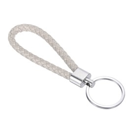 PATIKIL Braided Leather Keychain with Stainless Steel Key Ring, PU Woven Wristlet Lanyard Strap Fob Keyring Holder for Car Bag Wallet Pendant, Cream