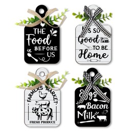 PH PandaHall 4pcs Kitchen Wall Decor Black and White Cutting Board Eat Sign Set Hanging Art, Rustic Wooden Wall Vintage Home Decor Farm Animal for Home Kitchen Farmhouse, 5.9x3.5inches