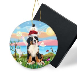 Funny Christmas Ornament 2024-Angel Loving a Bernese Mt. Dog with Christmas Santa Hat Holiday Present Round Xmas Tree Ornament Decor 3 inch with Gift Box