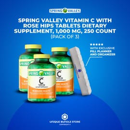 Unique Bundle Store Spring Valley, Vitamin C with Rose Hips 1000MG, Tablets Dietary Supplement, Vitamin C 1000MG, 250 Count + 7 Day Pill Organizer Included (Pack of 3)
