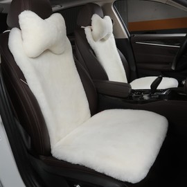 OGLAND 2 Pack Fuzzy Fur Sheepskin Car Seat Covers for Universal Auto Plush Seat Cushion Accessories (White)