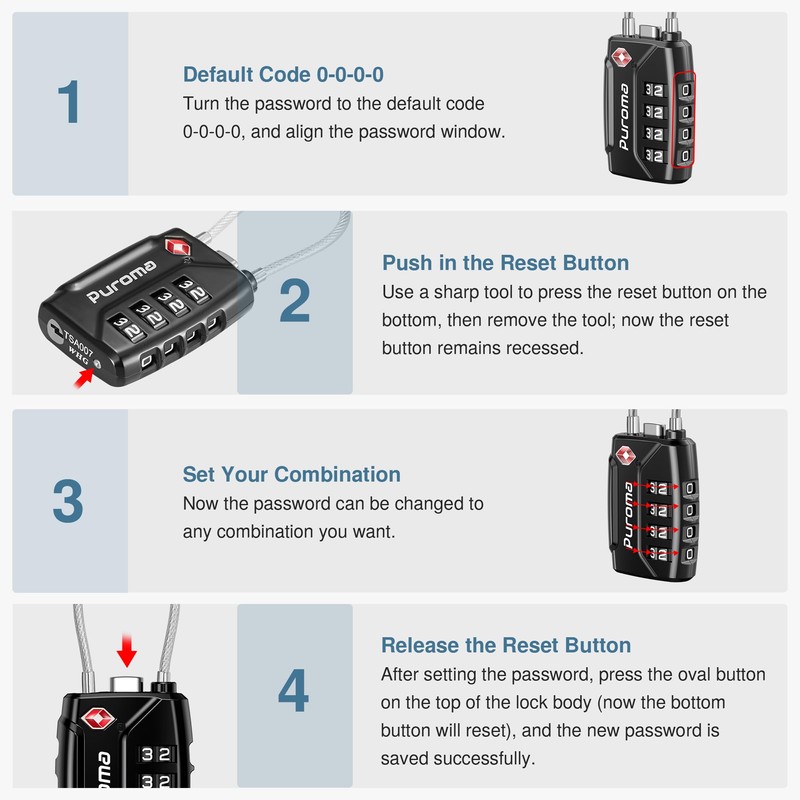 Puroma TSA Approved Luggage Locks, 4 Digit Combination Travel Cable