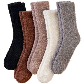 Womens Fuzzy Socks Warm Fluffy Winter Cozy Thick Plush Microfiber Slipper Soft Home Sleeping Socks 5 Pairs(Solid Color-04)