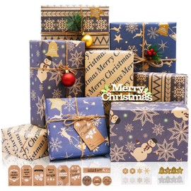 Christmas Wrapping Paper, 8 Sheets Christmas Paper Set with Stickers Pendant and Bow (Navy Blue)
