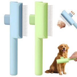 Mrltau Pack of 2 Self-Cleaning Fur Flash Brush Cats Dogs Fur Flash Brush Stainless Steel Teeth Long & Short Fur Flash Brush Cat, Cat Comb, Undercoat Brush Cat, Cat Hair Brush (Blue + Green)