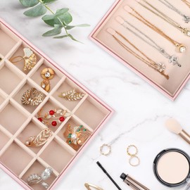 Voova Stackable Jewelry Organizer Tray with Lid, PU Leather Jewelry Storage Holder for Drawer Inserts, Jewellery Display Box Case for Earring Necklace Ring Watch Bracelet (Set of 4, Rose Gold)