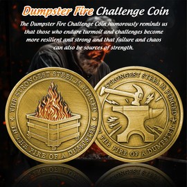 Gold Dumpster Fire Coin - Strong Steel Mini Dumpster Fire Challenge Coin - Funny Desk Accessories for Work - Unique Finds Supplies Token - Everything is fine Gifts for Men Women Worker Teacher