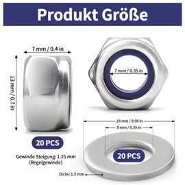 Alethron M8 Muttern, DIN985 40 Stück Standard A2 V2A Mutter M8 Edelstahl mit 20 Stück Selbstsichernde Muttern M8＆20 Stück Unterlegscheiben Metrisch Sicherungsmuttern Sechskantmuttern Stoppmutter