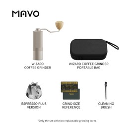 MAVO Manual Coffee Grinder, Wizard Hand Coffee Grinder, Capacity 25g with CNC Stainless Steel Hexagonal Conical Burr, Adjustable Setting, Burr Coffee Bean Grinder for French Press, Pour Over, Silver