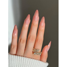 JUSTOTRY 24 Pcs Nude Short False Nails Stiletto,Gradient Coffee Brown Press on Nails Pattern, Fake Nails Short,Almond Stick on Nails for Women,Nails Fake Nail Medium for Nails Art