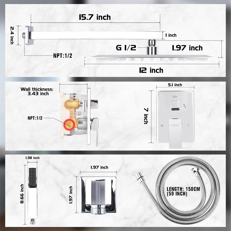 PGKKLE 12 Inch Rainfall Shower System - Wall Mounted Complete