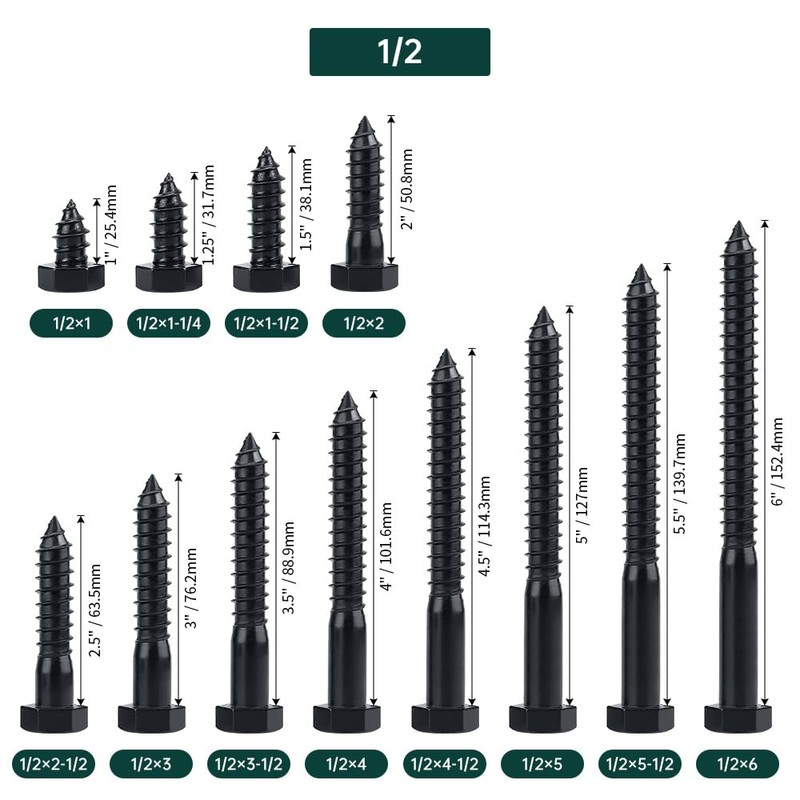 1/2 x 2-1/2" Black Hex Head Lag Screws Bolts (8
