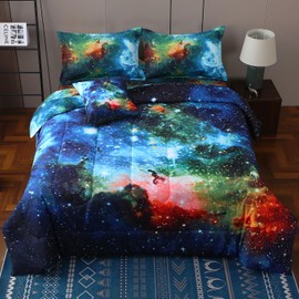JQinHome Queen Galaxy Comforter Sets 6 Piece Bed in A Bag, Outer Space Themed Bedding for Children Boy Girl Teen Kids,1 Comforter, 1 Flat Sheet, 1 Fitted Sheet, 2 Pillowshams, 1 Cushion Cover(Blue)