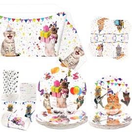 Obussgar Cat Party Decoration - Cat Party Tableware Set with Plates, Cups, Napkins, Tablecloths and Straws - for 20 People (Cats)
