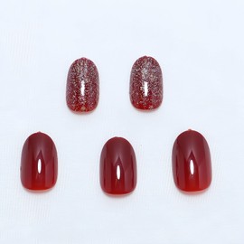 BFY Short Press on Nails Almond Winter Christmas Colors, Xmas Wine Red Glitter Nail Decoration Gel Made Acrylic Nails, Glossy Fake Nails Stick Glue on Nails Kit, New Year Nail Accessories 24 Pcs