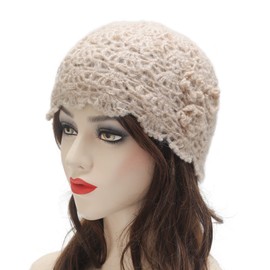 ZLYC Women Winter Knit Beanie Hat Soft Crochet Skullies Beanies with Flower Accent(Plain Beige)