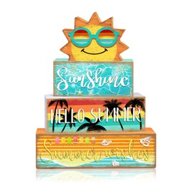 Britimes 4 Pcs Summer Wooden Tiered Tray Decor Set, Summer Sunshine Table Decor Ocean Beach Farmhouse Rustic Wooden Coffee Table Centerpieces for Home kitchen Office Decorations (Sunshine Style)