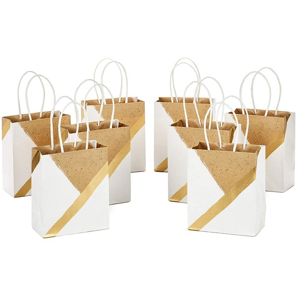 Hallmark 6" Small Paper Gift Bags (Pack of 8 - White and Kraft) for Birthdays, Weddings, Graduations, Baby Showers, Bridal Showers, Care Packages, May Day