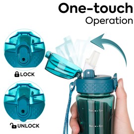OLDLEY Kids Water Bottle with Straw 15 oz BPA-Free Leak-Proof Motivational Water Bottles with Time Marker for School Sports Travel Gym, Easy to Use for Girls Goys, 1 Straw Lid,Transparent-dark green