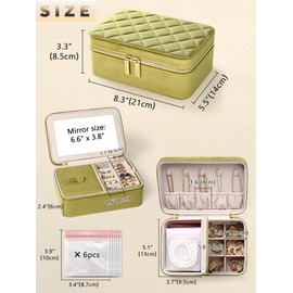 Lumayina Velvet Travel Jewelry Box with Large Mirror, Double-Layer Jewelry Organizer Case for Women and Girls, Portable Storage Case with 6 Anti-Tarnish Bags Gift Ready for Her (Avocado Green)