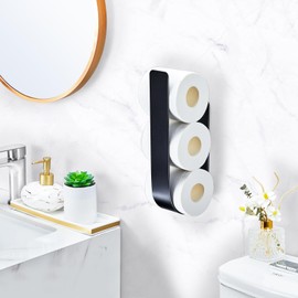 Wall Toilet Paper Storage for 3 Roll Tissue, Toilet Paper Holder Black, Metal Loo Roll Holder, Adhesive Tissue Paper Roll Storage Stand, Bathroom Toilet Tissue Holder Organizer