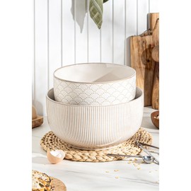 Mikiegy Ceramic Mixing Bowls Set of 2, Nesting Ceramic Embossment Stoneware Mixing Bowls for Cooking, Serving, Popcorn, Salad etc, Microwave & Dishwasher Safe, 98/145 oz, Off-White