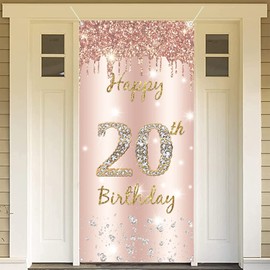 Happy 20th Birthday Door Banner Backdrop Decorations for Woman, Pink Rose Gold 20th Birthday Party Door Cover Sign Supplies, 20 Years Old Birthday Poster Background Photo Booth Props Décor