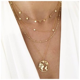 Yheakne Bohemia Layered Star Necklace Choker Gold Disc Sequin Choker Necklace Map Pendant Necklace Layering Satellite Chain Necklace Jewelry for Women