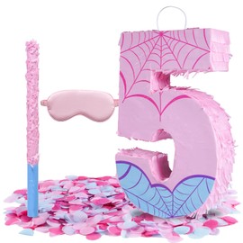 Pink Spider Web Number 5 Pinata, 16 Inch Spider Web Piñata for Boys Girls 5th Birthday Party Decorations with Stick, Blindfold and Confetti (Spider Web Number 5 Pinata)