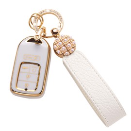 QETOOSUR for Honda Key Fob Cover with Leather Lanyard, Key Case Protection Shell Fit for Honda Accord Civic CRV Pilot Odyssey Passport Smart Key Holder, White
