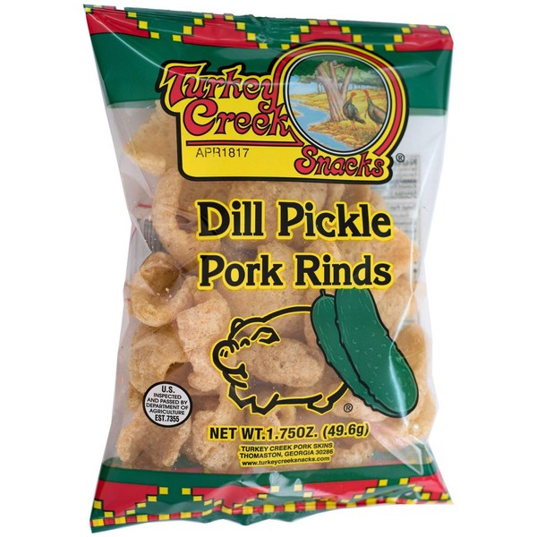 Turkey Creek - America's Best, offers a 12-Bag Case Pack of its Dill Pork Rinds. These Pork Cracklin Chips (Chicharrones) are a packed in 12 individual 2.0 oz bags. (Dill)