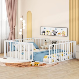 Brisca Full Size Metal Floor Bed Frame with Fence and Door,Versatile Montessori Beds,No Box Spring Needed,Easy to Install,for Kids,Boys,Girls,White