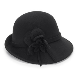 KorhLeoh Womens 1920s Felt Cloche Church Hat Gatsby Winter Wool Bucket Hat Vintage Bowler Hat with Flower