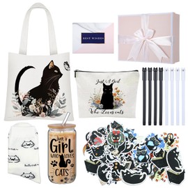 Aliceset 62 Pcs Cat Lover Gifts for Women Cat Mom Gifts Sets Include Cat Pattern Tote Makeup Bag 18oz Glass Cup Socks Pen Cat Keychain Greeting Cards Birthday Cat Themed Gifts for Women Friend