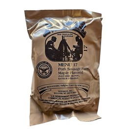 Genuine USGI Individual MRE [Meal, Ready to Eat] Inspection Date 01/2024 or Newer - You Choose Menu - Complete Ration with Entree, Snacks, Dessert, Drink Mix, Utensils, Condiments and FRH. (#17 Maple Sausage Patty)
