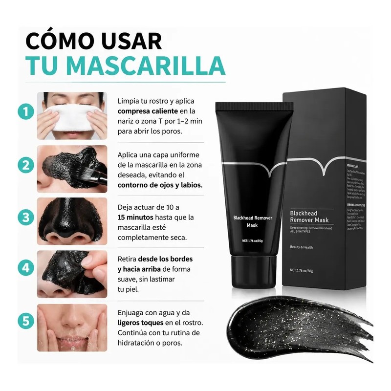 Mascarilla Facial 50g Carbón Activado Elimina Puntos Negros