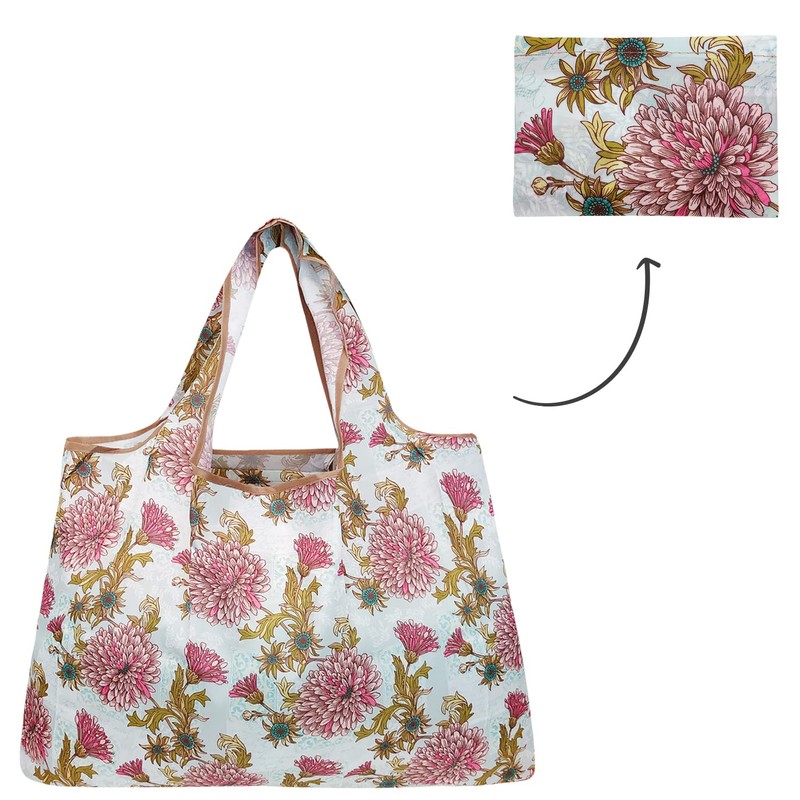 allydrew Large Foldable Tote Nylon Reusable Grocery Bag, Vintage Chrysanthemums