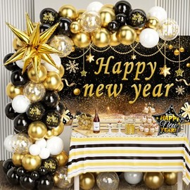 New Years Balloons Arch Kit - 86 Pack with Backdrop, Black and Gold Party Decorations, Happy New Years Eve Party Supplies 2025, New Years Decorations 2025