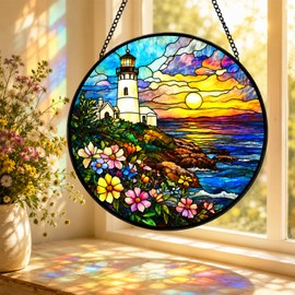 Stained Glass Window Hanging, 9.8" Seaside Lighthouse Sun Catchers for Indoor Window, Garden Suncatcher for Home Decoration, Unique Gift for Women Mom Birthday Christmas
