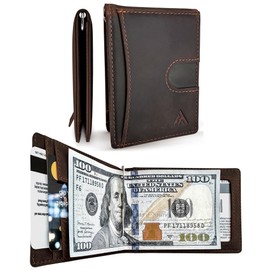 Atlas Trace Minimalist wallet for men slim front pocket wallet with money clip combo bifold leather wallet with pull tab credit card holder RFID blocking (Hybrid, Brown)