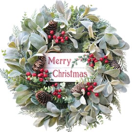 CIR OASES Christmas Wreath for Front Door, 18” Artificial Winter Wreaths with Berries Pine Cone Ear Lambs Eucalyptus Leaves for Holiday Decor, Merry Christmas Sign for Christmas Decor. (Red Berry)