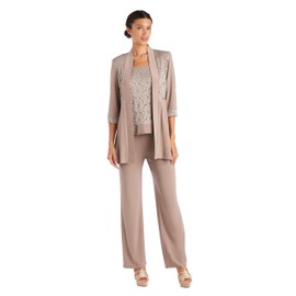 R&M Richards Women's 2-Piece Glitter Lace Pantsuit - Elegant Mock Jacket & Straight Leg Pants - Dressy Formal Outfit Mocha